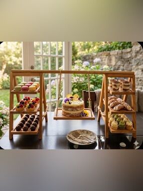 Wooden Tiered Dessert Display Stand with Hanging Center Tray - Natural